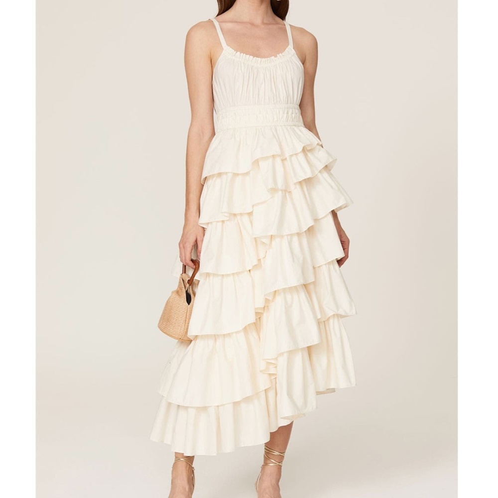 ULLA JOHNSON Estela White Ruffle midi dress tiered Sz 4 small